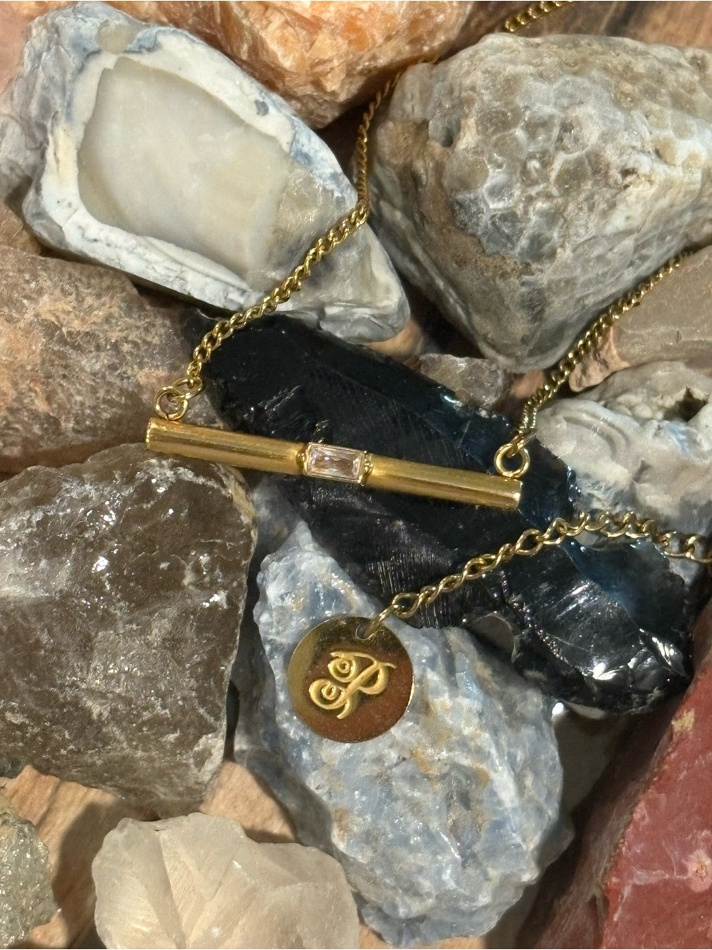 Plunder Stainless Steel Gold Bar Pendant Necklace with Clear Stone